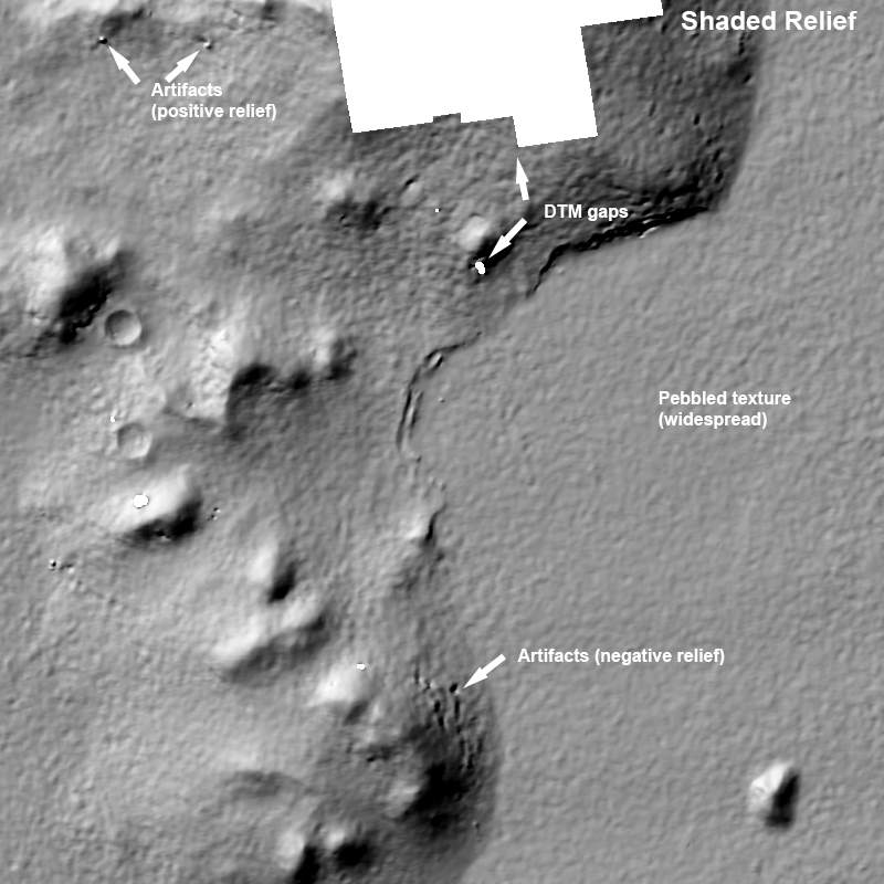 An animation blinking back and forth between a CTX image and shaded relief image created from a DTM, showing artifacts in the DTM.