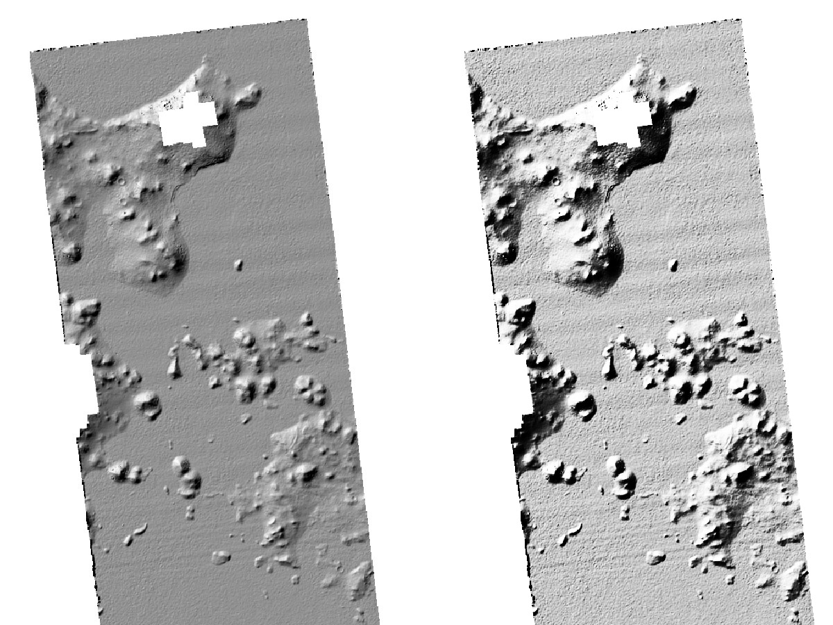 An image showing shaded relief of a CTX DTM with wavy features superposed on the topography.