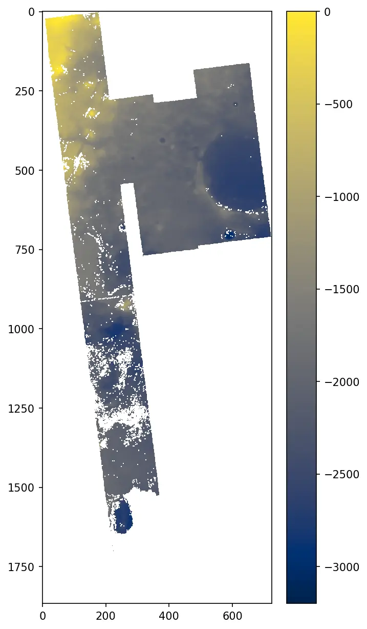 A image showing the DTM mosaic image as loaded by rasterio and plotted to a elevation range of -3200m to 0m.