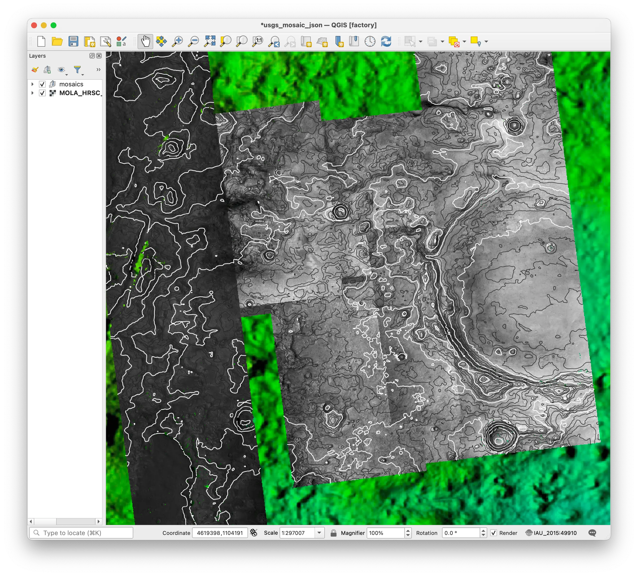 A image showing the QGIS window with the ortho image mosaic and overlain contours zoomed in to Jezero Crater