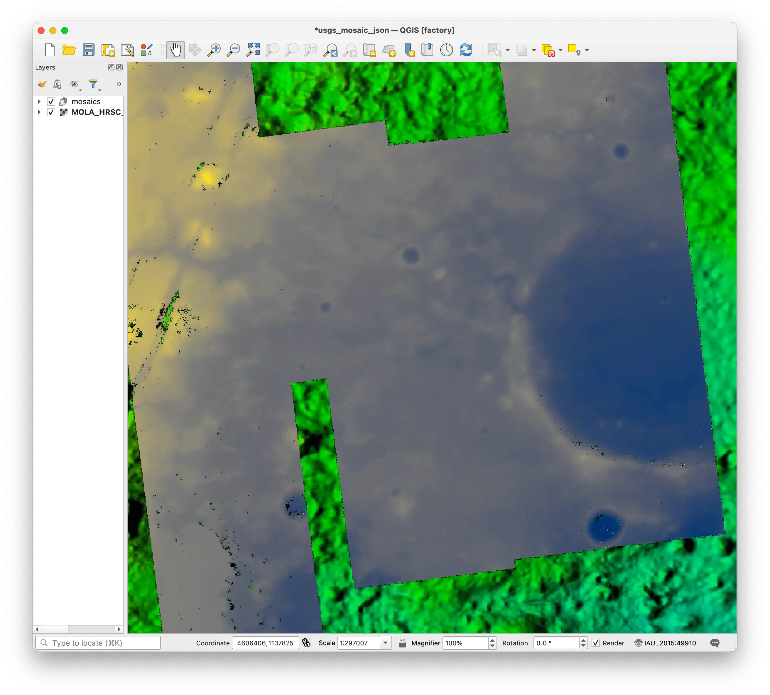 A image showing the QGIS window with the DTM mosaic zoomed in to Jezero Crater
