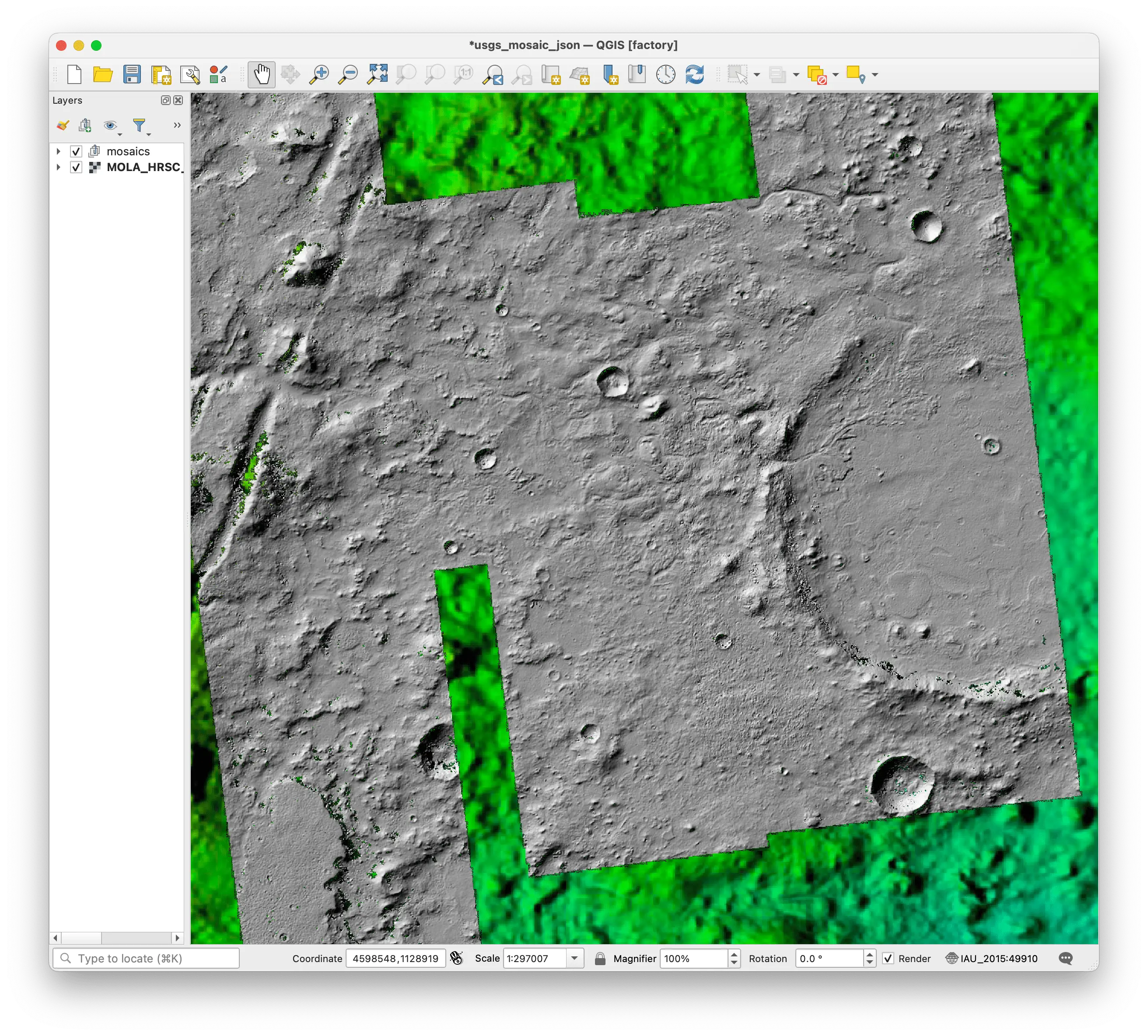 A image showing the QGIS window with the hillshade mosaic zoomed in to Jezero Crater.