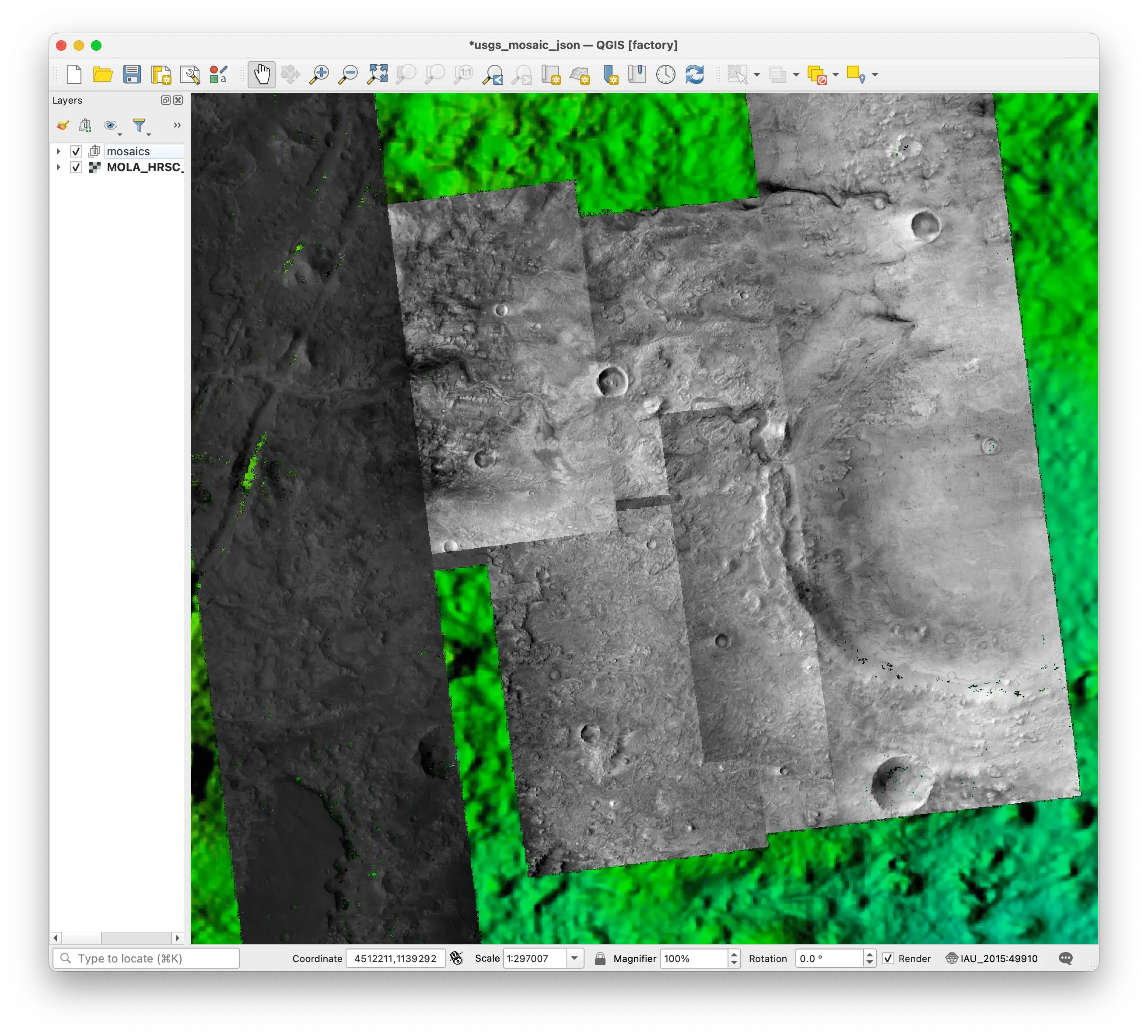 A image showing the QGIS window with the ortho image mosaic zoomed in to Jezero Crater