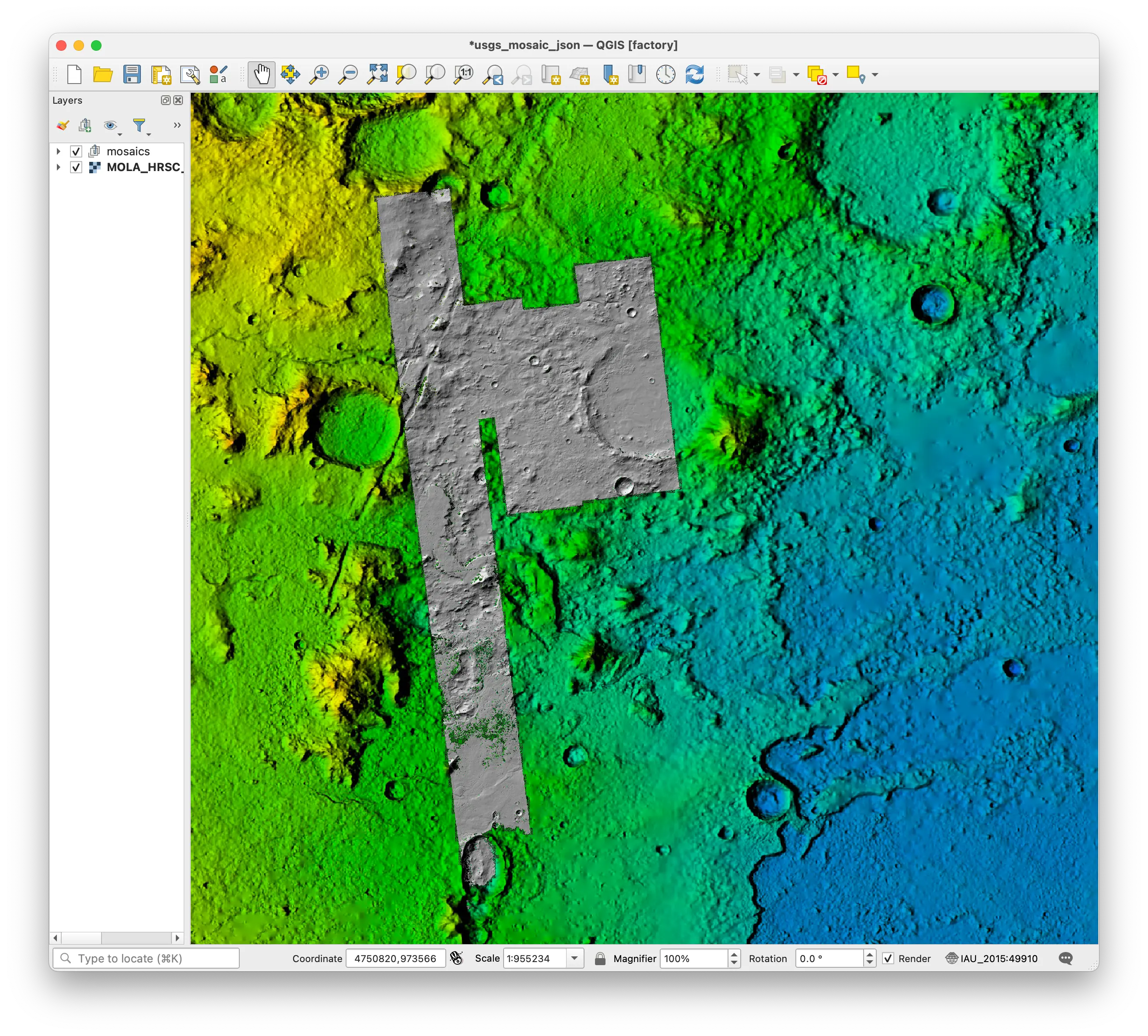 A image showing the QGIS window with the full extent of the hillshade mosaic.