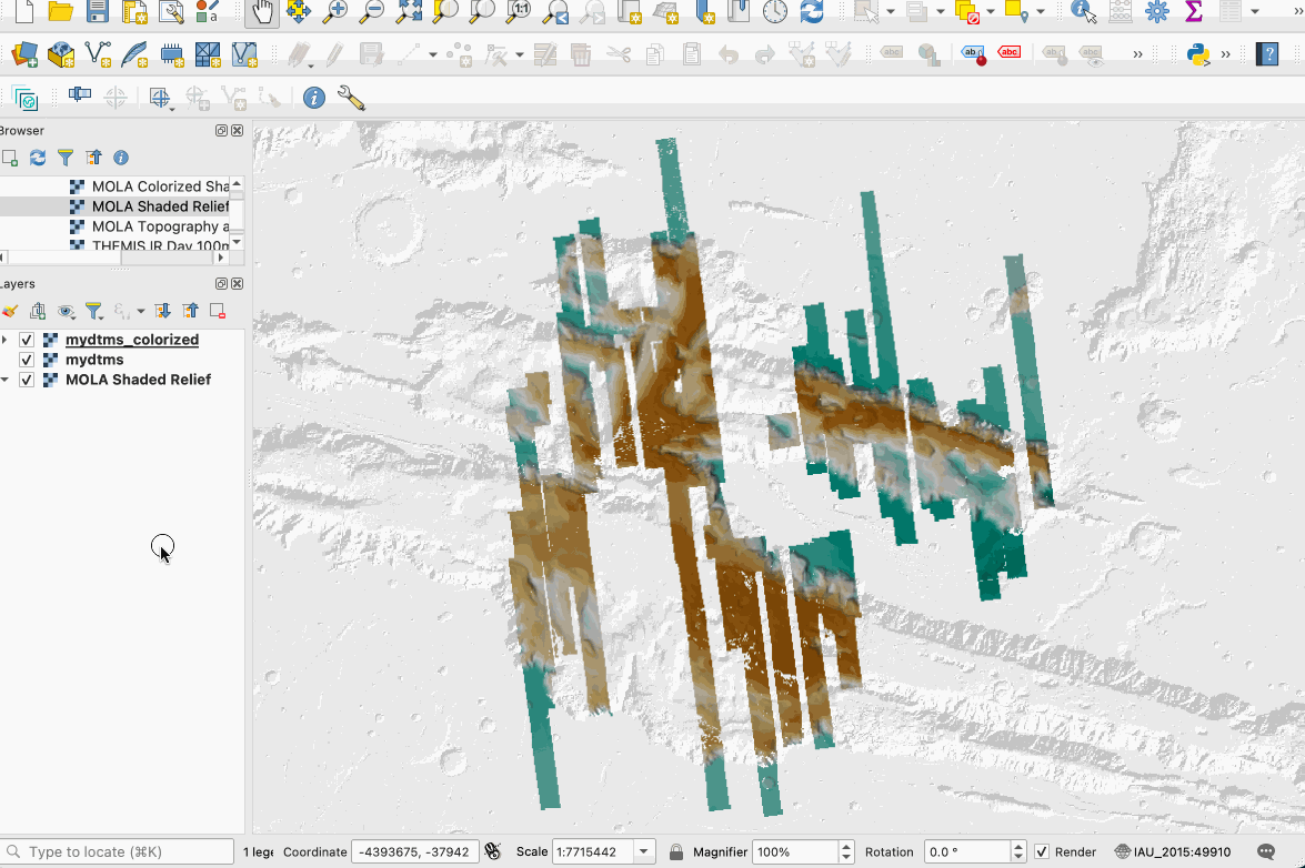 A GIF showing how to blend the single band colorized layer with the hillshade using the QGIS symbology dialog