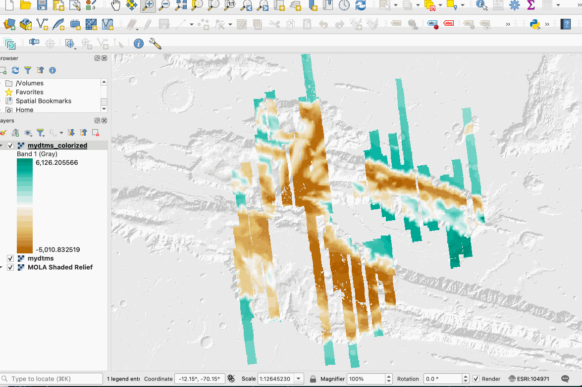 A GIF showing how to blend the single band colorized layer with the hillshade using the QGIS symbology dialog