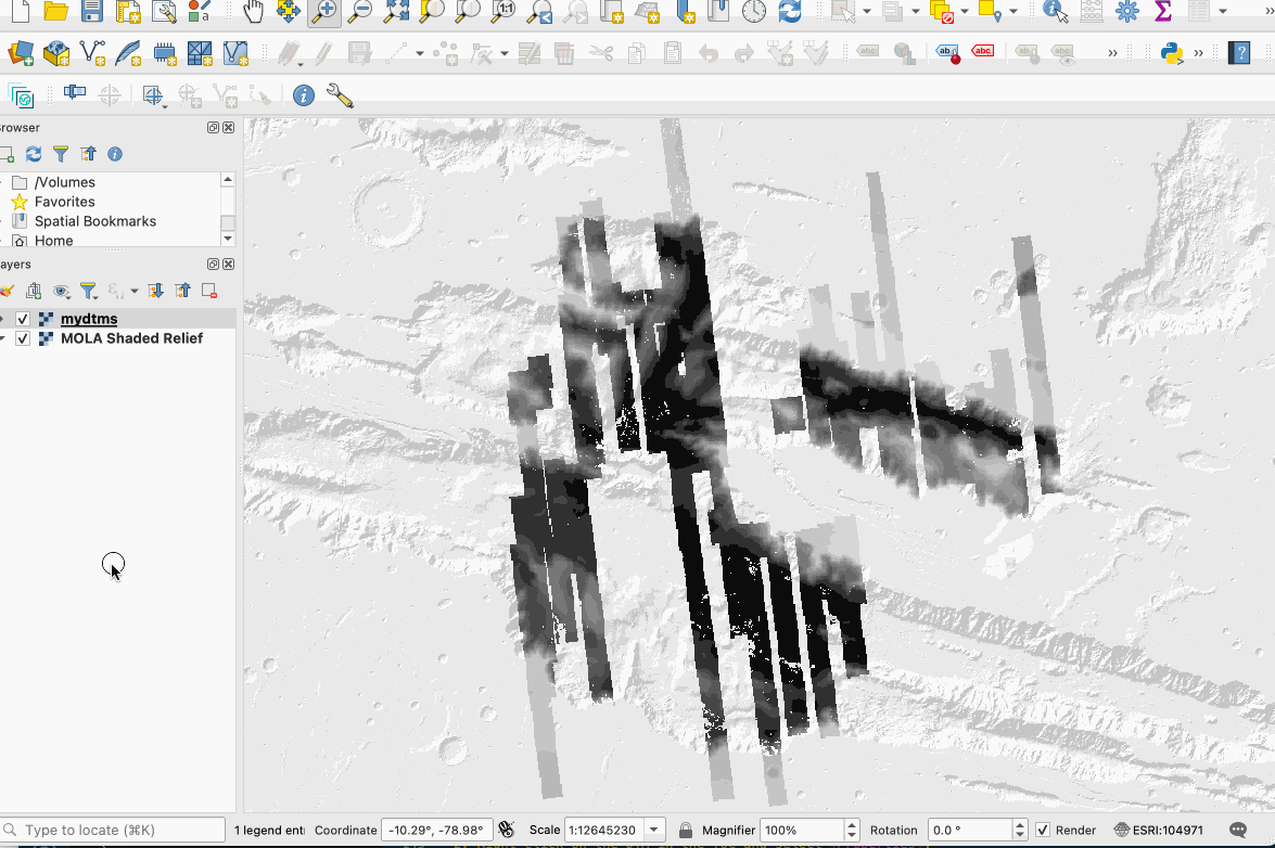 A GIF showing how to create a hillshade using the QGIS symbology dialog